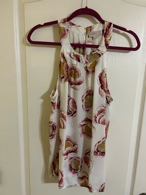 LOFT White Halter Dress with Pink and Gold Floral Print Large